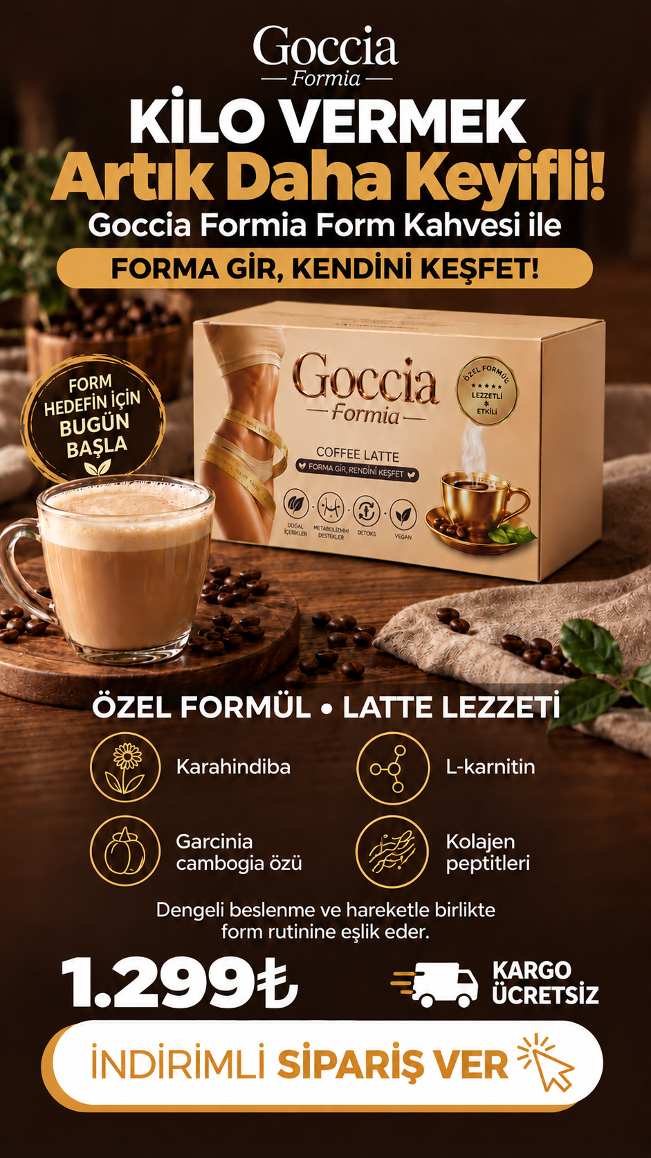 Goccia Kolajenli Hindiba Form Kahvesi | L-Karnitin ve Garcinia Cambogia İçeren | Yağ Yakıcı ve Ödem Attırıcı