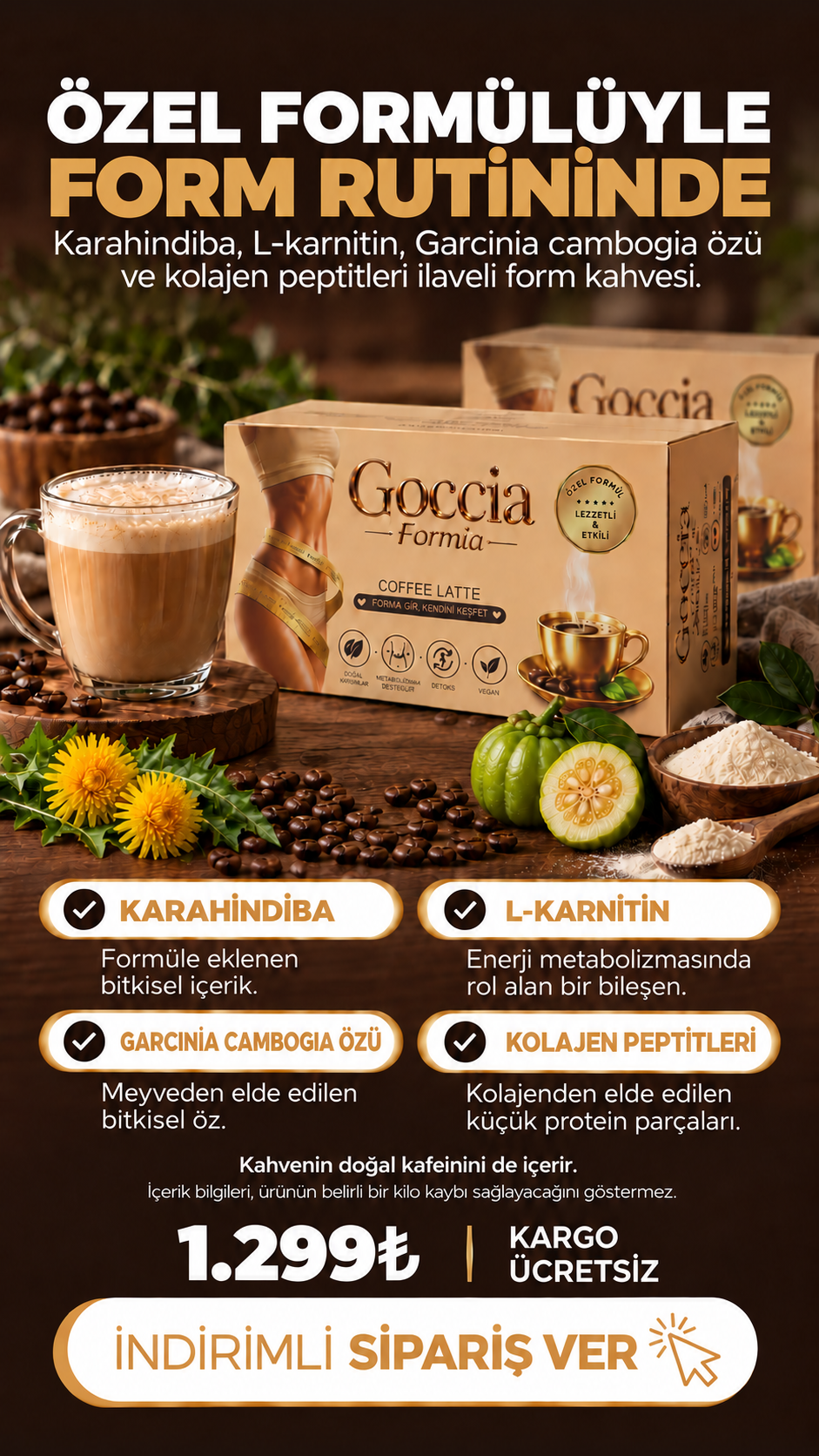 Goccia Kolajenli Hindiba Form Kahvesi | L-Karnitin ve Garcinia Cambogia İçeren | Yağ Yakıcı ve Ödem Attırıcı